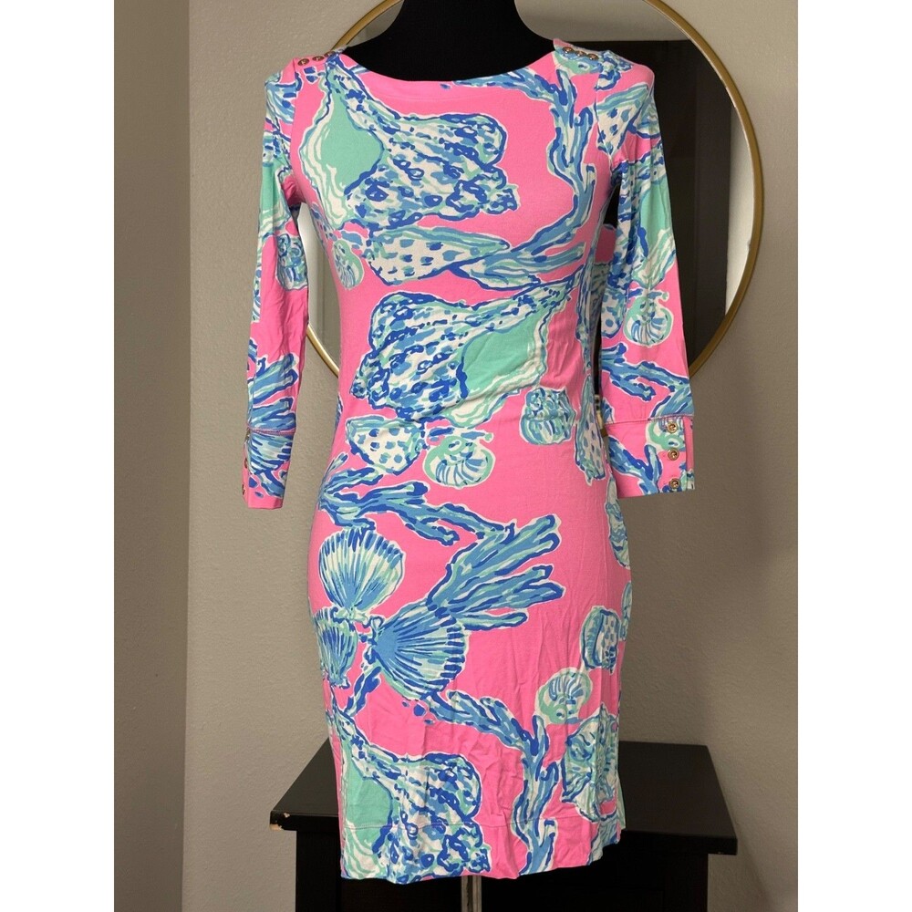 Lilly Pulitzer Pink Blue Sea Shell Coral Print Gold Button Sheath Dress Sz XXS